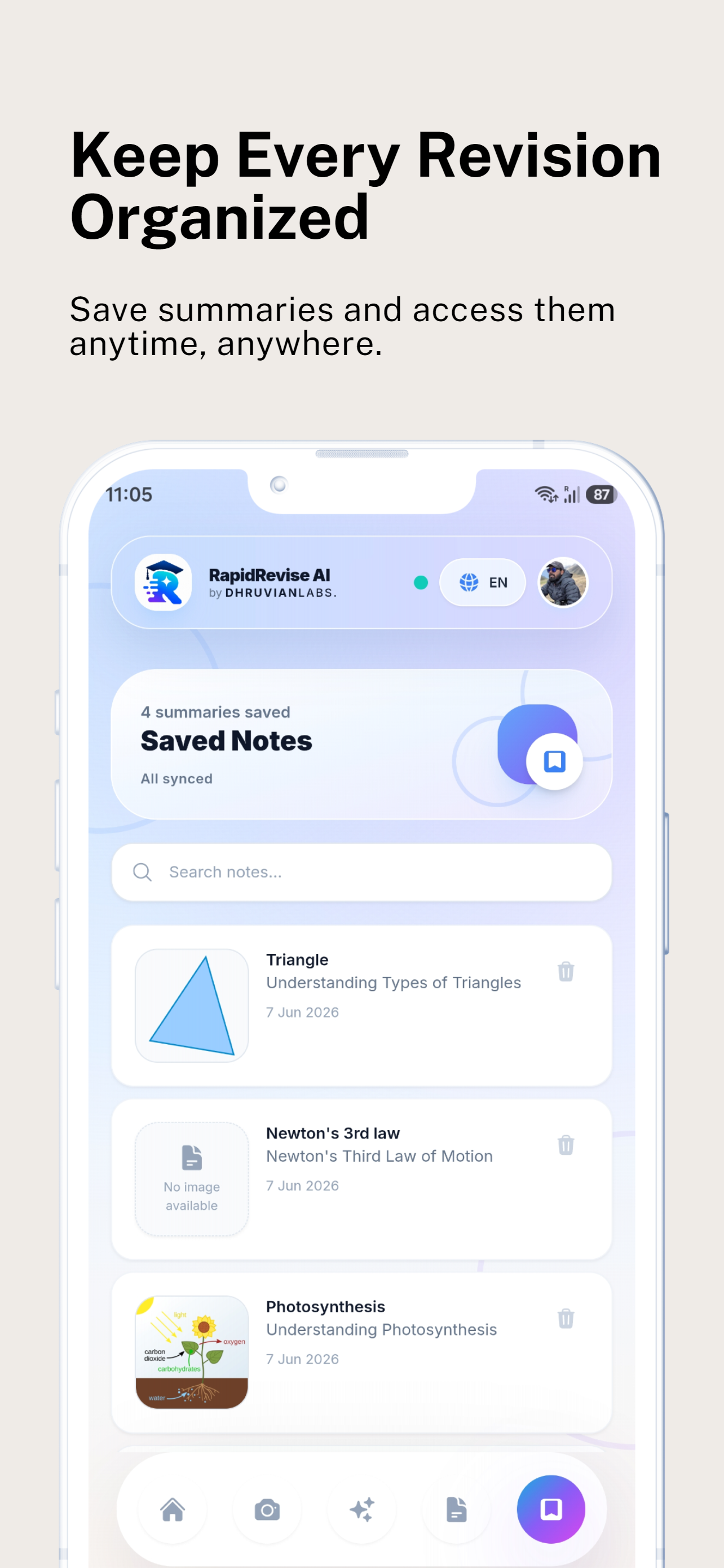 Saved notes and revision hub